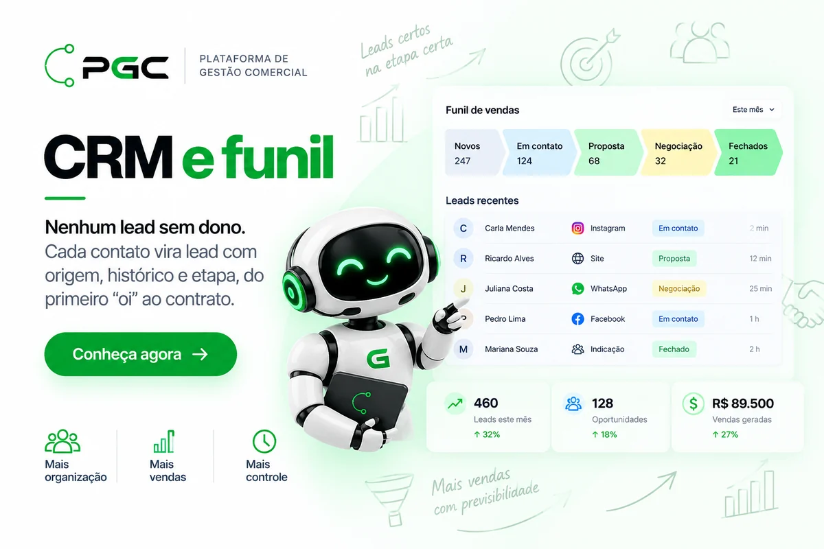 Nenhum lead sem dono — CRM e funil na plataforma PGC